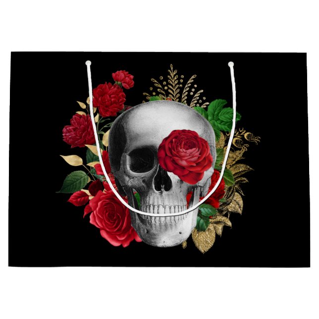 Goth Skull with Red Flowers & Gold Leaves Large Gift Bag (Front)