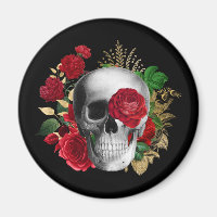 Goth Skull with Red Flowers & Gold Leaves