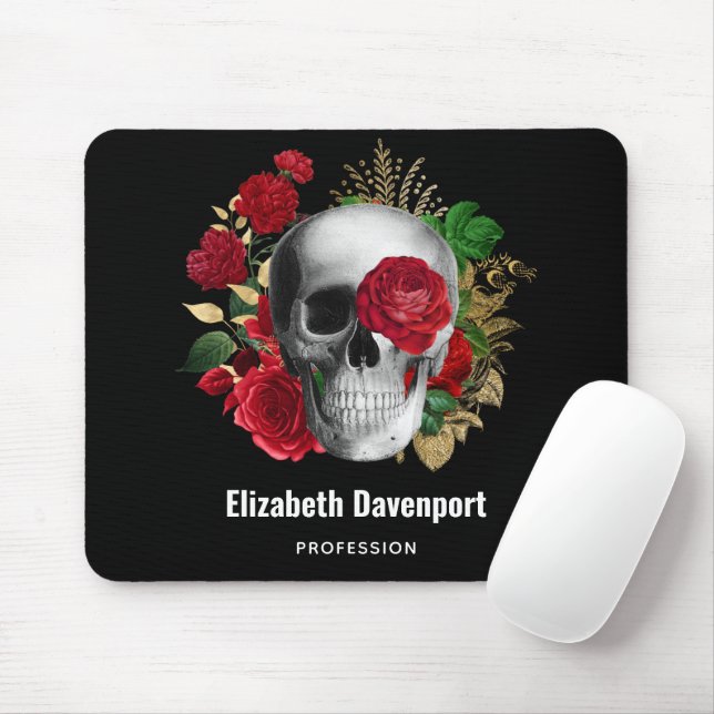 Goth Skull with Red Flowers & Gold Leaves Mouse Mat (With Mouse)