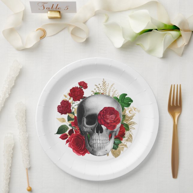 Goth Skull with Red Flowers & Gold Leaves Paper Plate (Wedding)