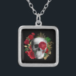 Goth Skull with Red Flowers & Gold Leaves Silver Plated Necklace<br><div class="desc">A necklace with a goth style illustration.  
Beautiful red roses and gold leaves surrounding a black and white skull.</div>