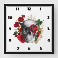 Goth Skull with Red Flowers & Gold Leaves