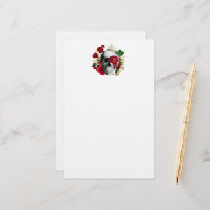 Goth Skull with Red Flowers & Gold Leaves Stationery