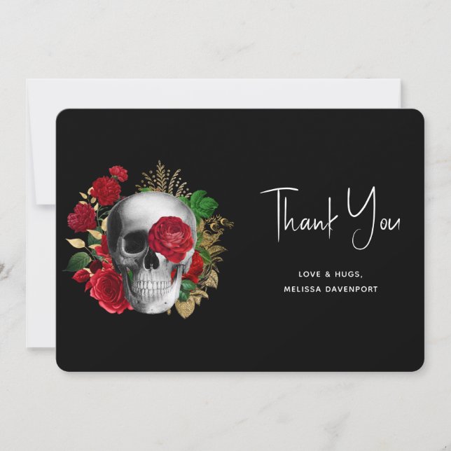Goth Skull with Red Flowers & Gold Leaves Thank You Card (Front)
