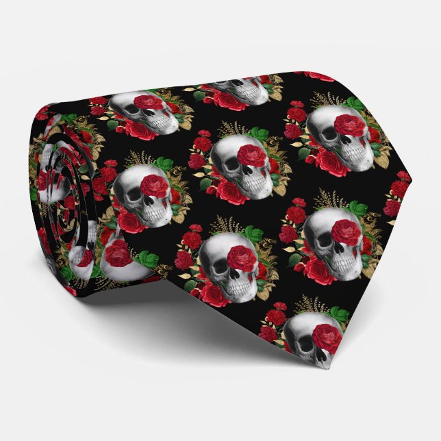 Goth Skull with Red Flowers & Gold Leaves Tie (Rolled)