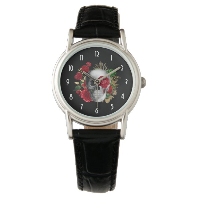 Goth Skull with Red Flowers & Gold Leaves Watch (Front)