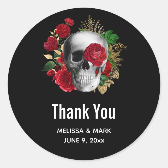 Goth Skull with Red Flowers Wedding Thank You Classic Round Sticker (Front)