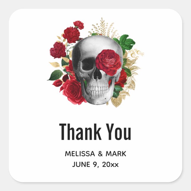 Goth Skull with Red Flowers Wedding Thank You Square Sticker (Front)