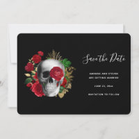 Goth Skull with Red Roses & Gold Leaves
