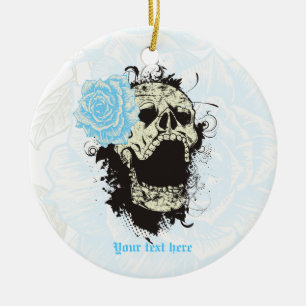 Goth skull with vintage blue rose keepsake ceramic tree decoration