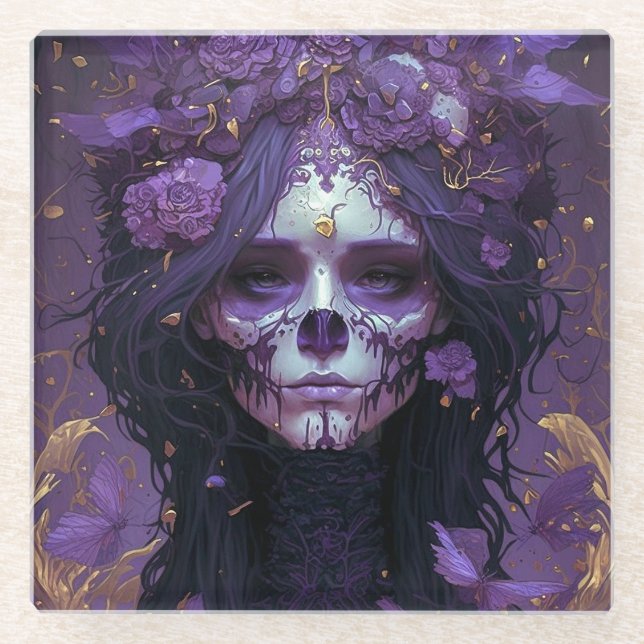 Goth Skull Woman Dark Fantasy Art Glass Coaster (Front)