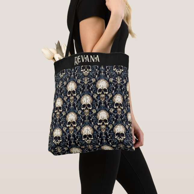 Goth Skulls and Blue Floral Tote Bag (Close Up)