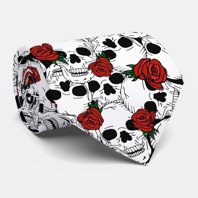Goth Skulls and Red Roses Patterned Tie (Rolled)