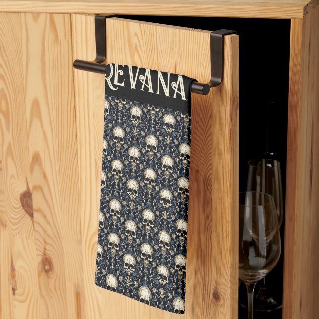 Goth Skulls with Blue Floral Tea Towel (Thirds Fold)