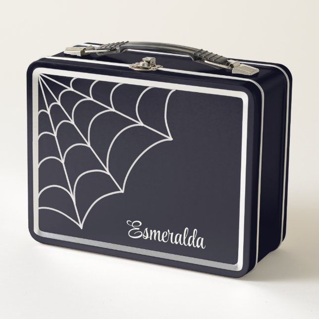 Goth Spiderweb Black and White Personalised Metal Lunch Box (Front)