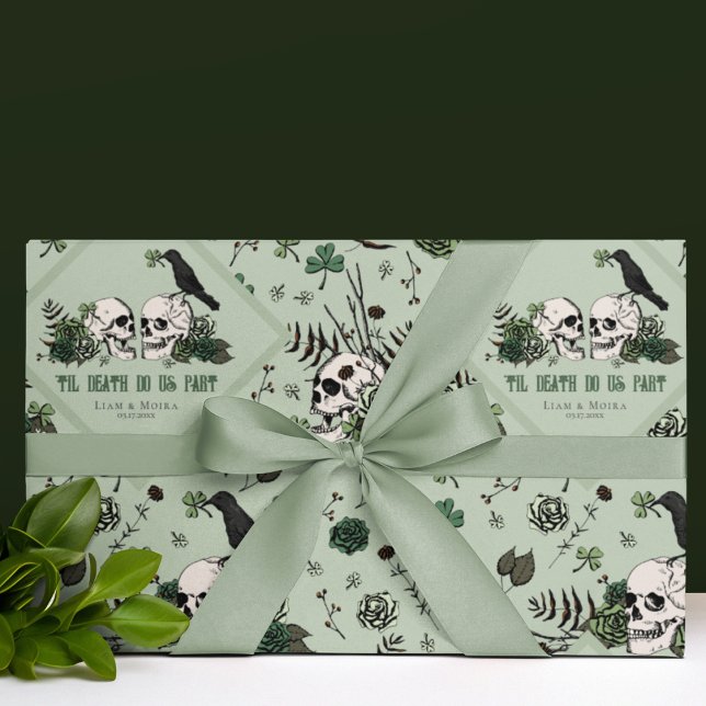Goth St. Patricks Day Floral Skulls Irish Wedding Wrapping Paper (Modern Gothic Floral Skull Irish Wedding Wrapping Paper. St Patricks Day Wedding, Bridal Shower...)