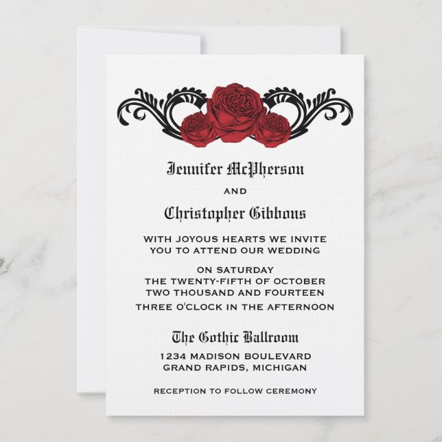 Goth Swirl Roses Wedding Invite, Red Invitation (Front)