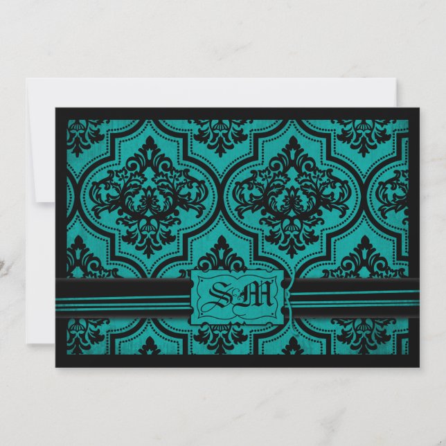 Goth Teal Black Damask Wedding Envelope Invitation (Front)
