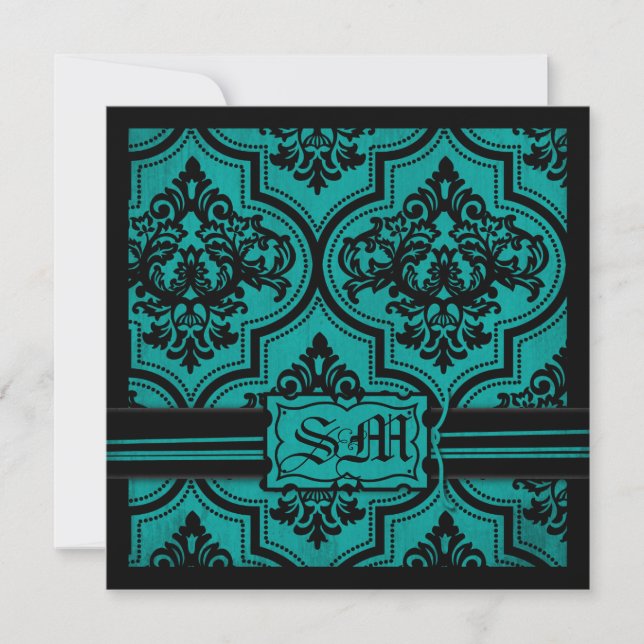 Goth Teal Black Damask Wedding Invitations (Front)
