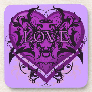 Goth Tribal Flourish Purple Heart with LOVE Coaster