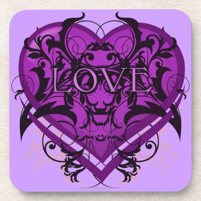 Goth Tribal Flourish Purple Heart with LOVE Coaster (Front)