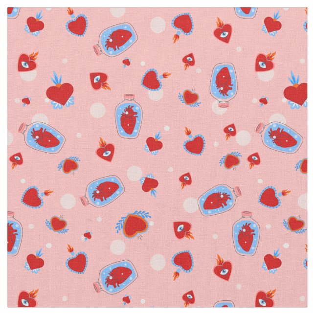 goth valentines pink sacred human hearts  fabric (Close Up)