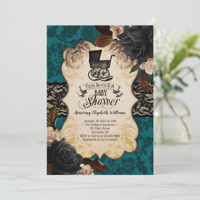 Goth Victorian Teal Blue Baby Shower Invitation (Standing Front)