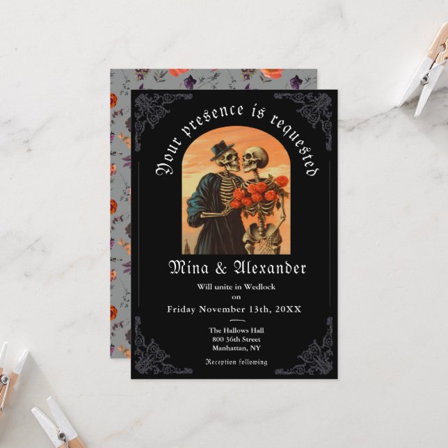 Goth Vintage Skeleton Couple QRC Wedding Invite (Front/Back In Situ)
