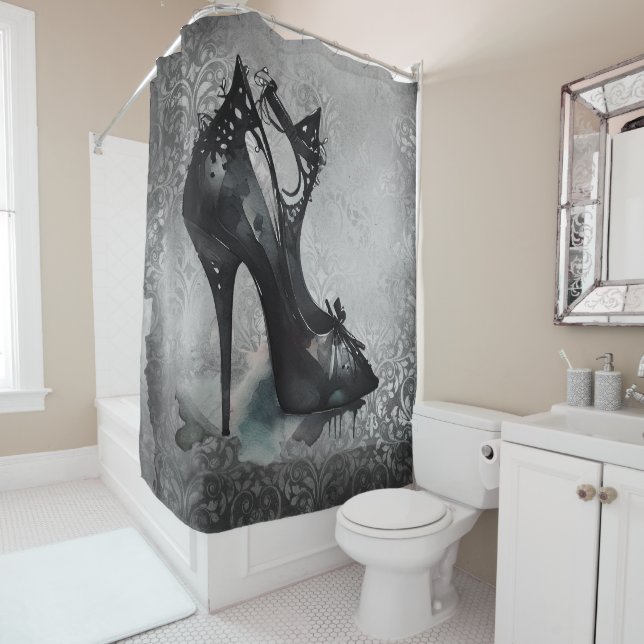 Goth Vogue Grunge | Teal Splash Stiletto High Heel Shower Curtain (In Situ)