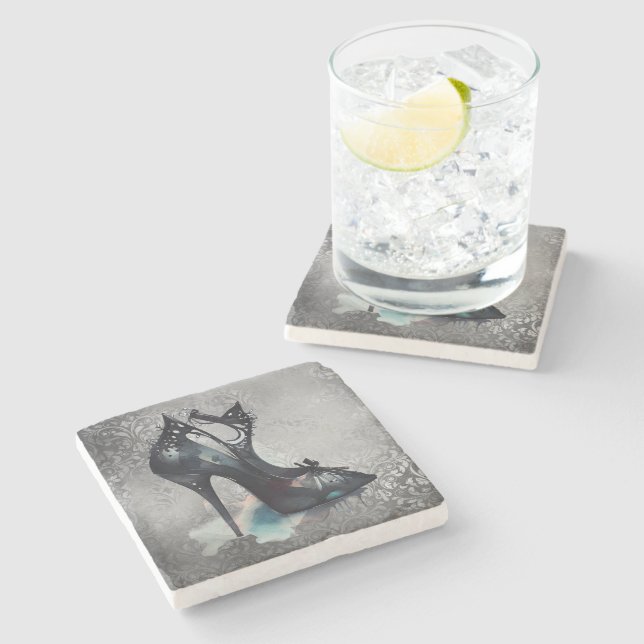 Goth Vogue Grunge | Teal Splash Stiletto High Heel Stone Coaster (Side)