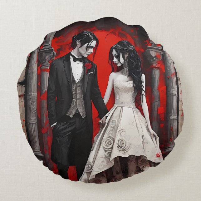 Goth Wedding Couple  Round Cushion (Back)