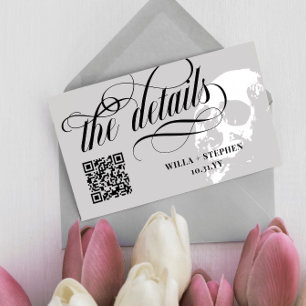 Goth Wedding Details QR Code White Skull Enclosure Card