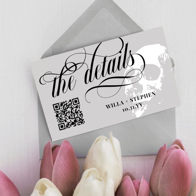 Goth Wedding Details QR Code White Skull Enclosure Card (Creator Uploaded)