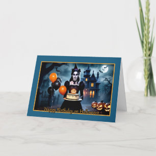 Goth Witch with Cake - Halloween Birthday Holiday Card