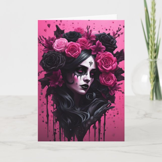 Goth Woman Pink and Black Valentine Card (Front)