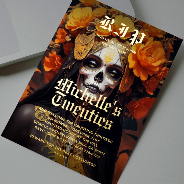 Gothic 30th Birthday Black Orange Rose Lady Skull (Gothic 30th Birthday Black Orange Rose Lady Skull Foil Invitation
)