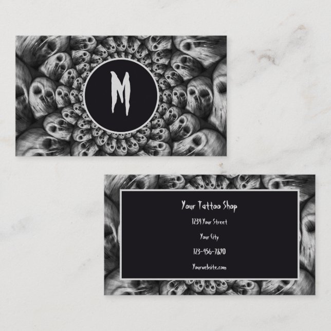 Gothic Abstract Skulls Black And White Monogram  Business Card (Front/Back)