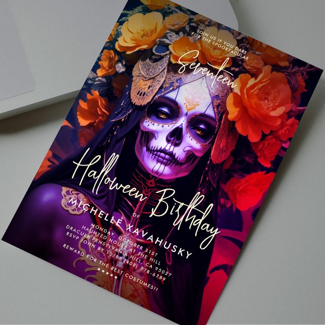 Gothic Adult Halloween Birthday Orange Lady Skull Invitation (Gothic Adult Halloween Birthday Orange Lady Skull Invitation
)