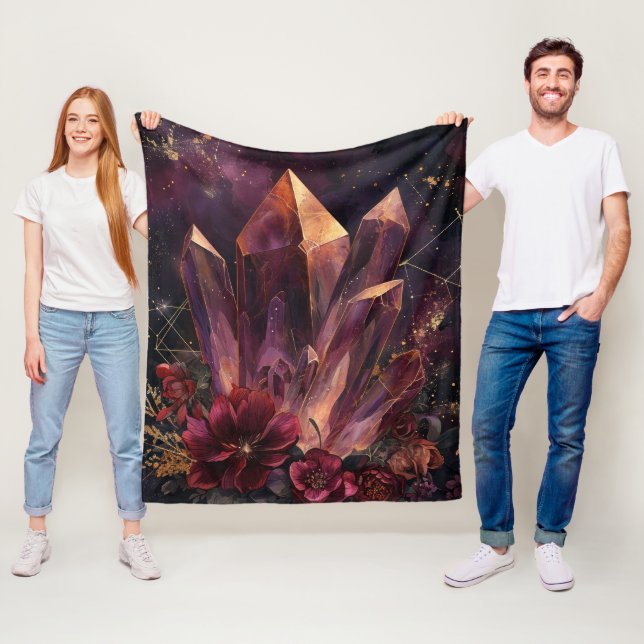 Gothic Amethyst Floral Galaxy Pattern Fleece Blanket (In Situ)