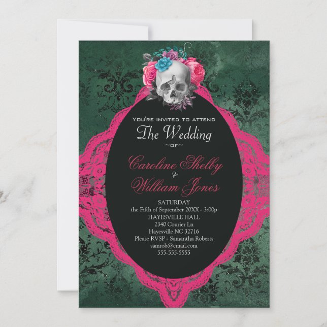 Gothic Anatomy Skull Pink Green Rose Invitation (Front)