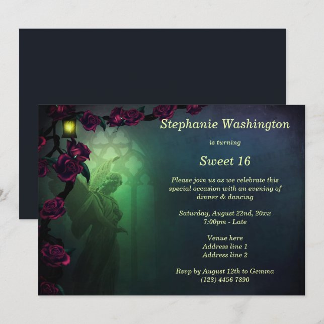 Gothic Angel Church Window & Roses Sweet 16 Invitation (Front/Back)