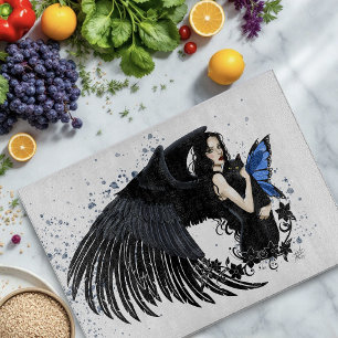 Gothic Angel Wings Black Cat Blue Fairy Cutting Board