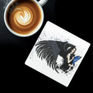 Gothic Angel Wings Black Cat Blue Fairy Glass Coaster