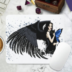Gothic Angel Wings Black Cat Blue Fairy Mouse Mat