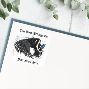 Gothic Angel Wings Black Cat Blue Fairy Square Sticker