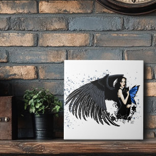 Gothic Angel Wings Black Cat Blue Fairy Tile