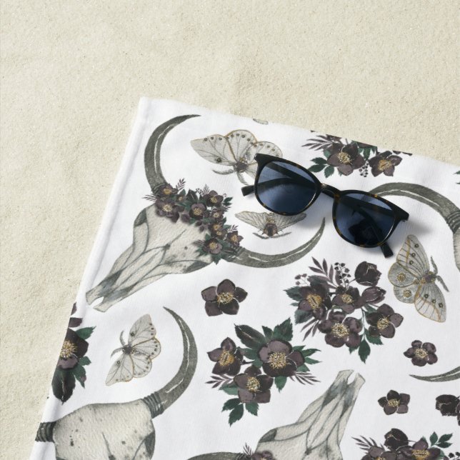 Gothic Animal Skull With Flowers Pattern Beach Towel (In Situ)