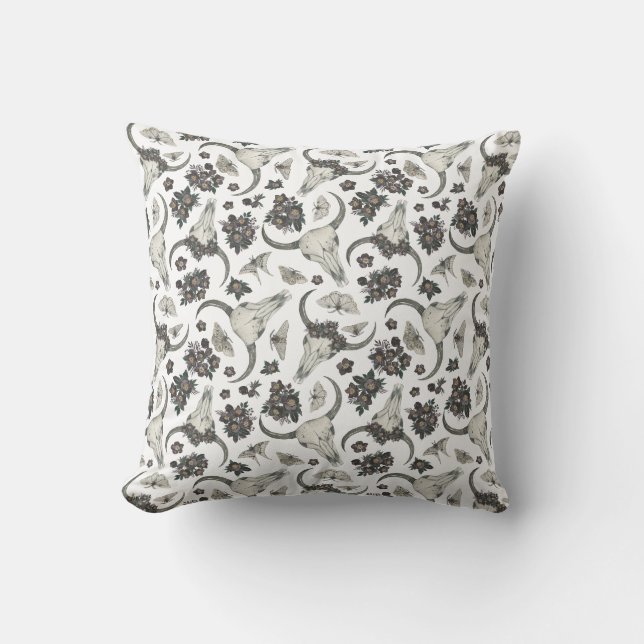 Gothic Animal Skull With Flowers Pattern Cushion (Front)