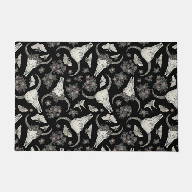 Gothic Animal Skull With Flowers Pattern Doormat (Front)