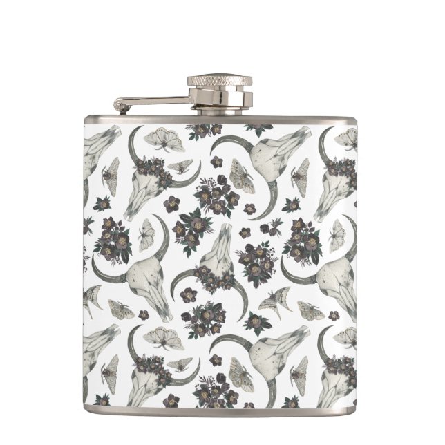 Gothic Animal Skull With Flowers Pattern Hip Flask (Front)